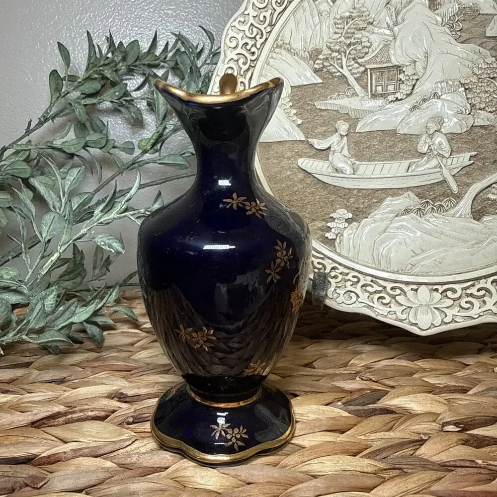 Limoges Castel France Cobalt Blue Gold Gilt Mini Ewer Pitcher 6” Porcelain